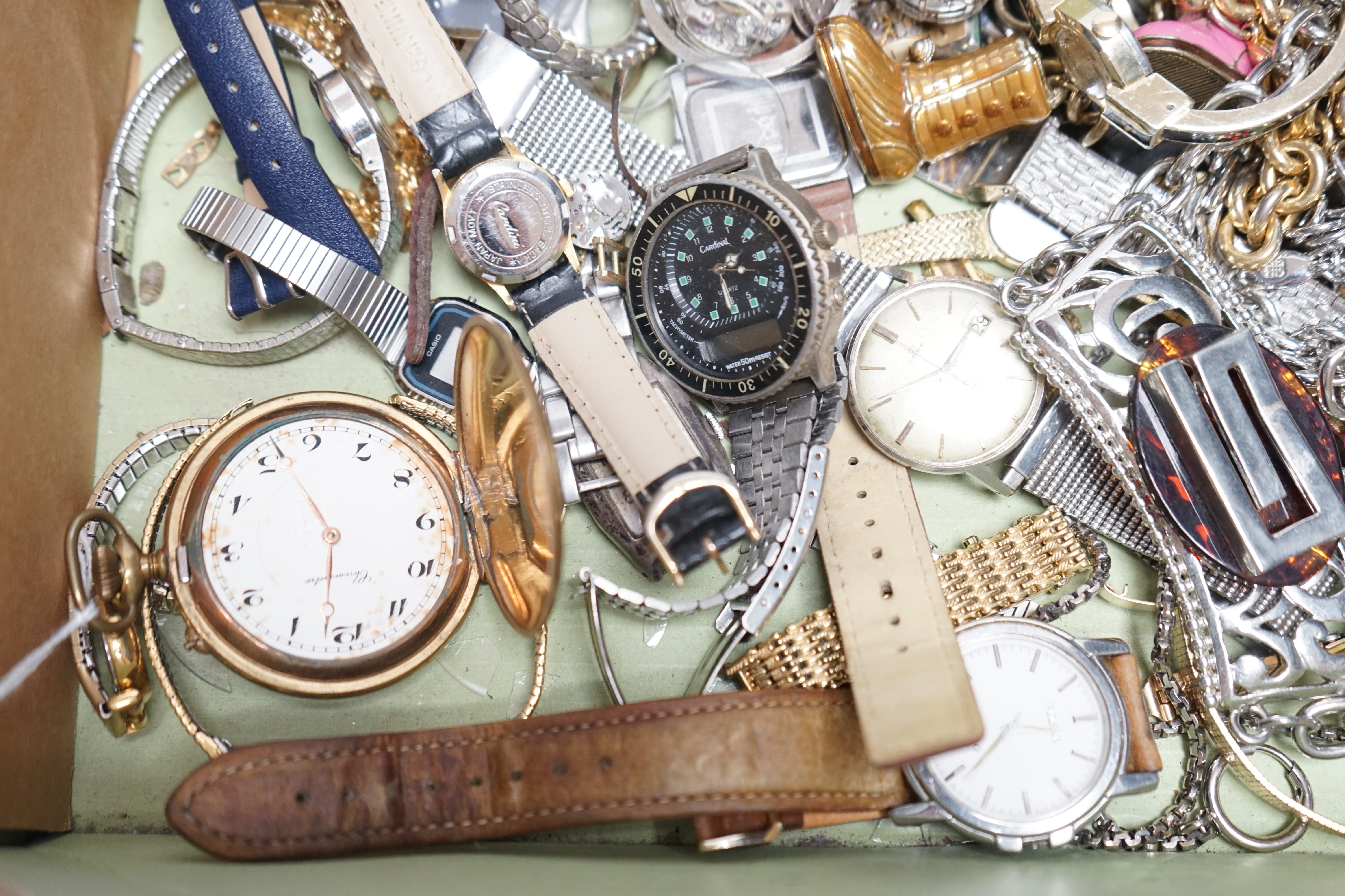 A small collection of assorted lady's and gentleman's wrist watches including Seiko, Erbe and Timex, a pocket watch and assorted costume jewellery including Givenchy. Condition - poor